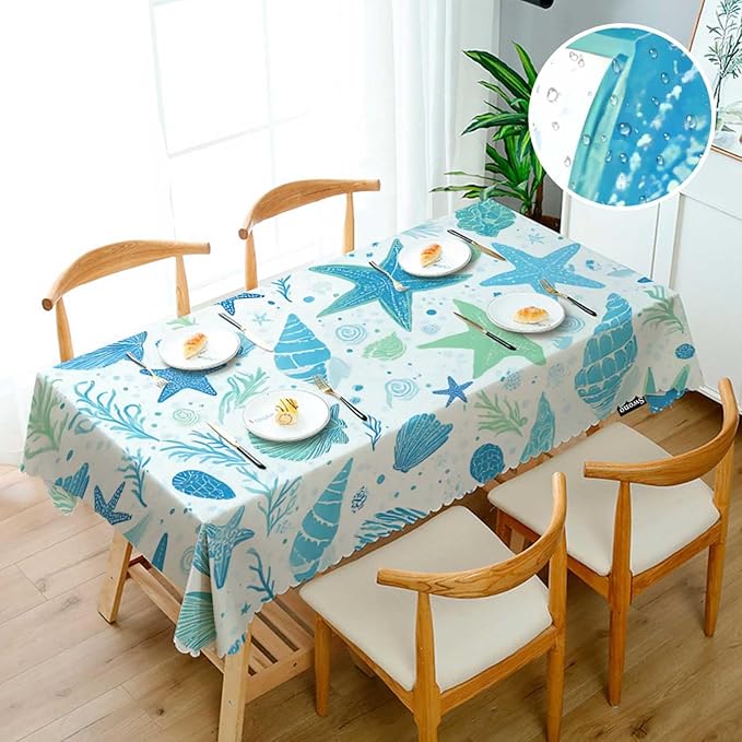 Swono Seashells Blue Rectangular Tablecloth Summer Ocean Shellfish Starfish Washable Table Cloth Kitchen Dining Room Table Cover for Party Dinner 50x72 Inch Tablecloths