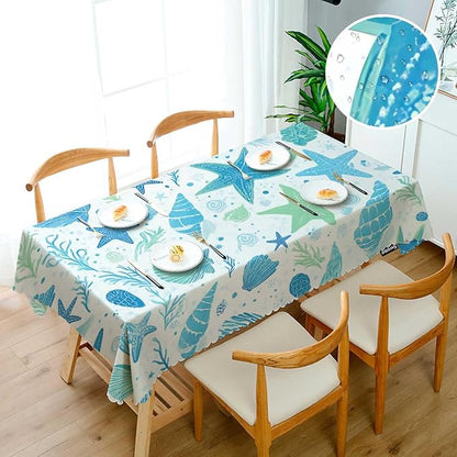 Swono Seashells Blue Rectangular Tablecloth Summer Ocean Shellfish Starfish Washable Table Cloth Kitchen Dining Room Table Cover for Party Dinner 50x72 Inch Tablecloths