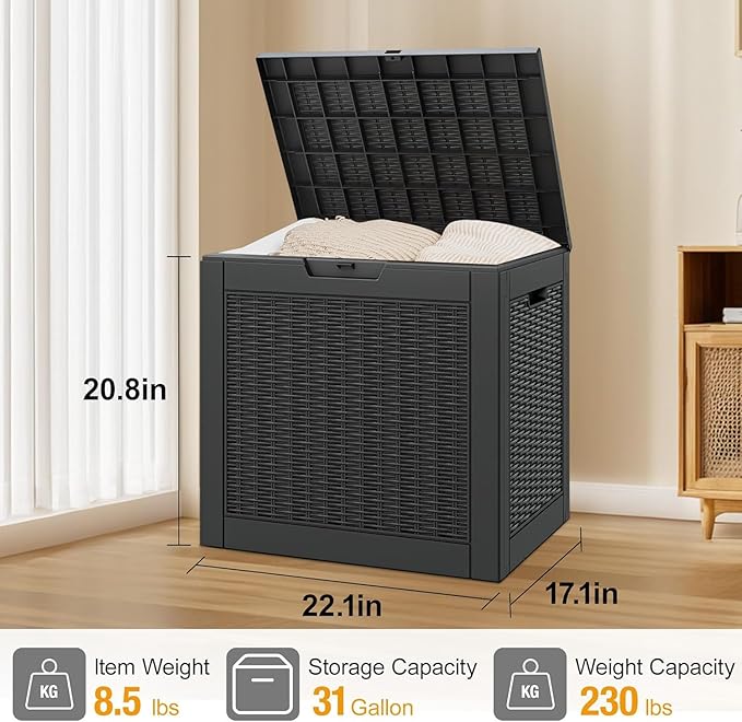 31 Gallon Outdoor Storage Box, Resin Deck Boxes Outdoor Waterproof for Patio Storage, Outdoor Cushions, Garden Tools, Package Delivery, Lockable Outside Storage Bin (Rattan Black-2 Pack)
