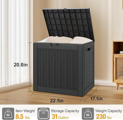 31 Gallon Outdoor Storage Box, Resin Deck Boxes Outdoor Waterproof for Patio Storage, Outdoor Cushions, Garden Tools, Package Delivery, Lockable Outside Storage Bin (Rattan Black-2 Pack)