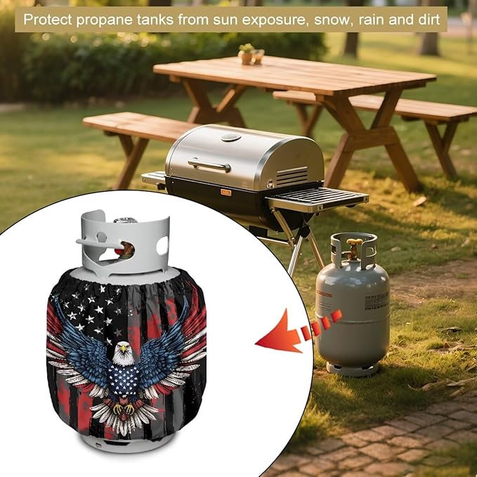 USA Flag Propane Tank Cover 20 lb Patriotic Weather Resistant Gas Cylinder Polyester Eagle 4th of July Decoration Slip-On Standard Tank Cover