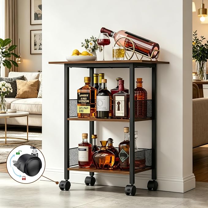 Bar Cart, Mobile 3-Tier Serving Cart with Lockable Wheels, Freestanding Wine Rack & Liquor Cabinet for Kitchen, Dining Room, Home Bar in Black