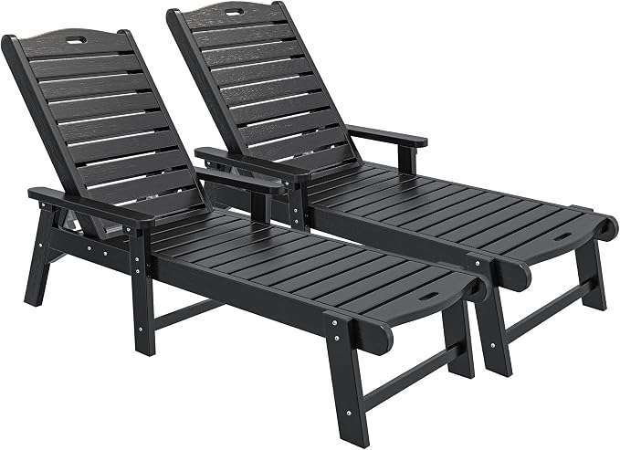 YITAHOME Outdoor Chaise Lounge Chair Set of 2 with Adjustable Backrest, Heavy Duty Resin Patio Lounger with Wide Armrest and 350lbs Capacity for Outside Poolside Beach Backyard, Waterproof, Black