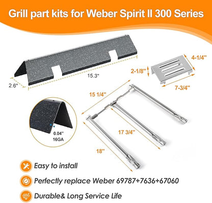 SafBbcue Grill Parts Kits for Weber Spirit II 300 Series GS4 Gas Grills 7636 Flavorizer Bars 69787 Burner Tube 67060 Heat Plate for Weber Spirit 2 300 Grill Replacement Parts E/S-330/310/320