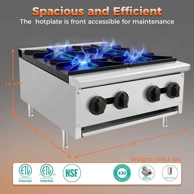 Commercial Hot Plate,Countertop Restaurant Kitchen Stove,NG LP Convertible Supply,Independent Controls,Cast Iron Grates,Standing Pilot Ignition,Adjustable Legs,Removable Waste Tray (Silver,4 Burner)