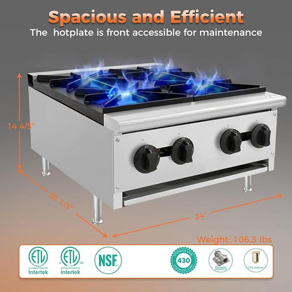 Commercial Gas Countertop Hot Plate Stove,Natural Propane Convertible Burner with Manual Control Valves,Standing Pilot Ignition,Cast Iron Grates,Adjustable Legs for Foodservice Prep (Silver,4 Burner)