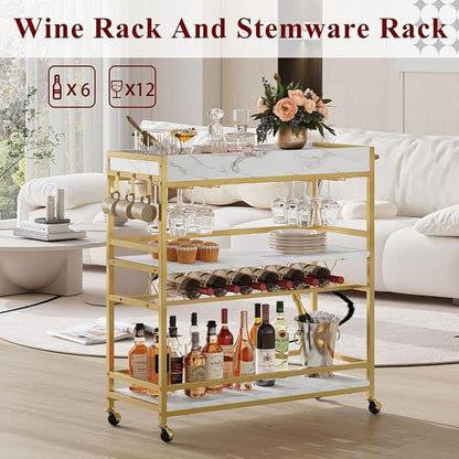 Gold Bar Cart on Wheels for Home with Wine Rack & Glass Holders | 3-Tier, Rolling Serving Cart for liquor, Wine and Beverages, Lockable Mobile Wheels for Home Bars, Faux Marble+ Gold Frame