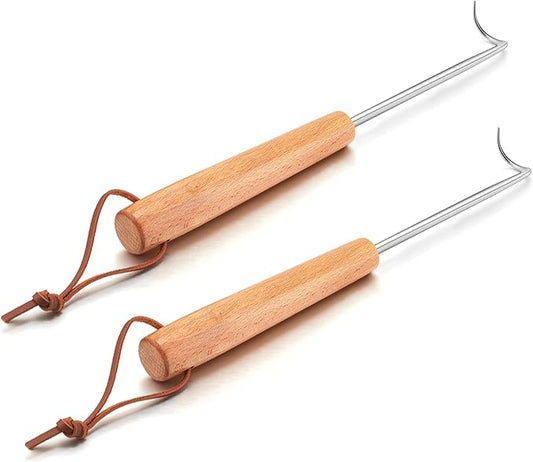 Stainless Steel Pigtail Food Flipper, HaSteeL 11.8” Meat Turner Hook for Right Handed, Grill Accessories Steak Flippers With Wooden Handle for Outdoors Griddle BBQ Grilling Kitchen Cooking, Small