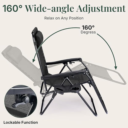 Zero Gravity Chairs Set of 2, Outdoor Folding Lounge Chairs | Foldable Reclining Patio Lawn Chairs with Mesh Back, Adjustable Pillows and Cup Holder Trays, for Pool, Beach, Backyard