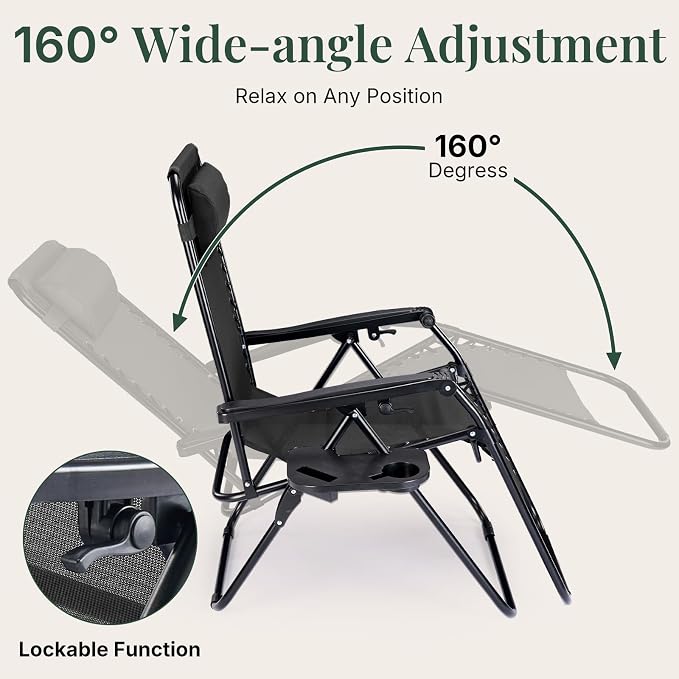 Zero Gravity Chairs Set of 4, Outdoor Folding Lounge Chairs | Foldable Reclining Patio Lawn Chairs with Mesh Back, Adjustable Pillows and Cup Holder Trays, for Pool, Beach, Backyard
