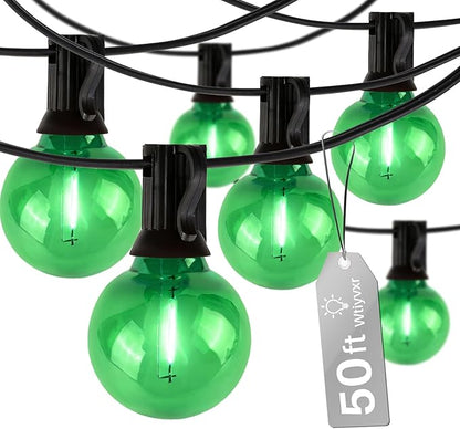 50 FT Green Outdoor String Lights G40 Globe Shatterproof Patio Lights,26 Plastic Edison Bulbs(2 Spare) IP65 Waterproof Dimmable LED Bulbs for Backyard Porch Balcony Party Decor, E12 Base