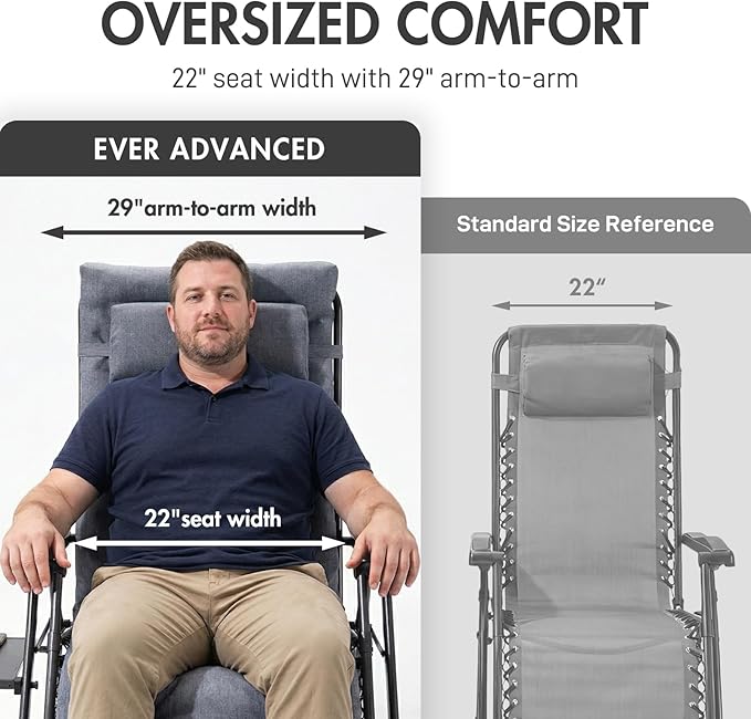 EVER ADVANCED Aluminum Zero Gravity Chair Oversized, 2.4" Thick Padded Reclining Lounge Chair with Adjustable Headrest & Side Table, Heavy Duty Support 350 lbs, Foldable for Outdoor & Indoor, Gray