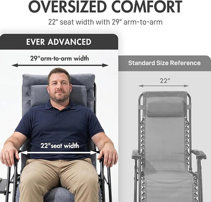EVER ADVANCED Aluminum Zero Gravity Chair Oversized, 2.4" Thick Padded Reclining Lounge Chair with Adjustable Headrest & Side Table, Heavy Duty Support 350 lbs, Foldable for Outdoor & Indoor, Gray