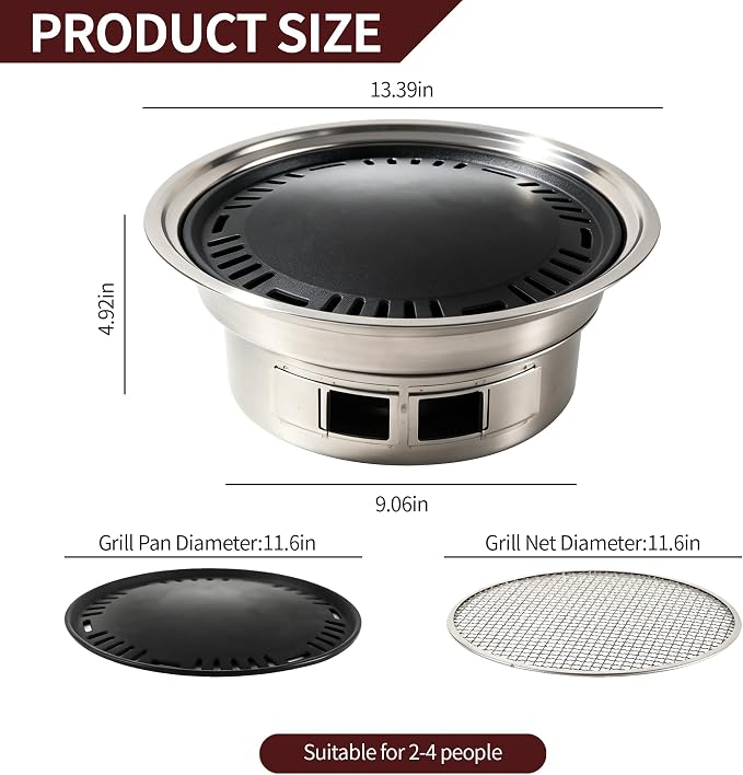 Mini Charcoal Grill 13.4" Stainless Portable BBQ Smoker Set for Camping | Compact for patio, park, travel, non-stick pan, mesh racks, cool-touch handle, tongs & coal clip set, lightweight travel
