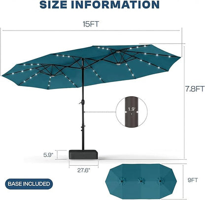 15FT Large Outdoor Patio Umbrella with Solar Lights and Base, Double-Sided Table Umbrellas with 48 LED Lights, Rectangle Market Umbrella for Pool, Deck, Backyard