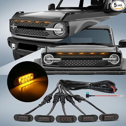 5 Pcs Grille Lights Compatible with 2021 2022 2023 2024 Ford Bronco Badlands, Wildtrak & Everglades 2/4-Door - LED Front Grille Lights Accessories with Harness and Fuse(Amber Light)