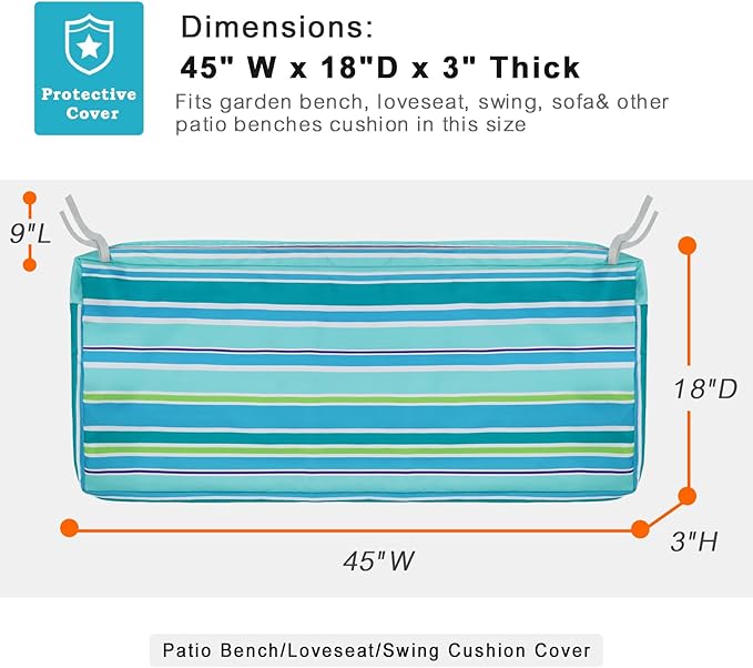 NettyPro Patio Bench Swing Loveseat Cushion Covers, Water Resistant UV Protection Outdoor Furniture Cushion Slipcovers with Zipper, Stripes Turquoise, 45 x 18 x 3 Inch