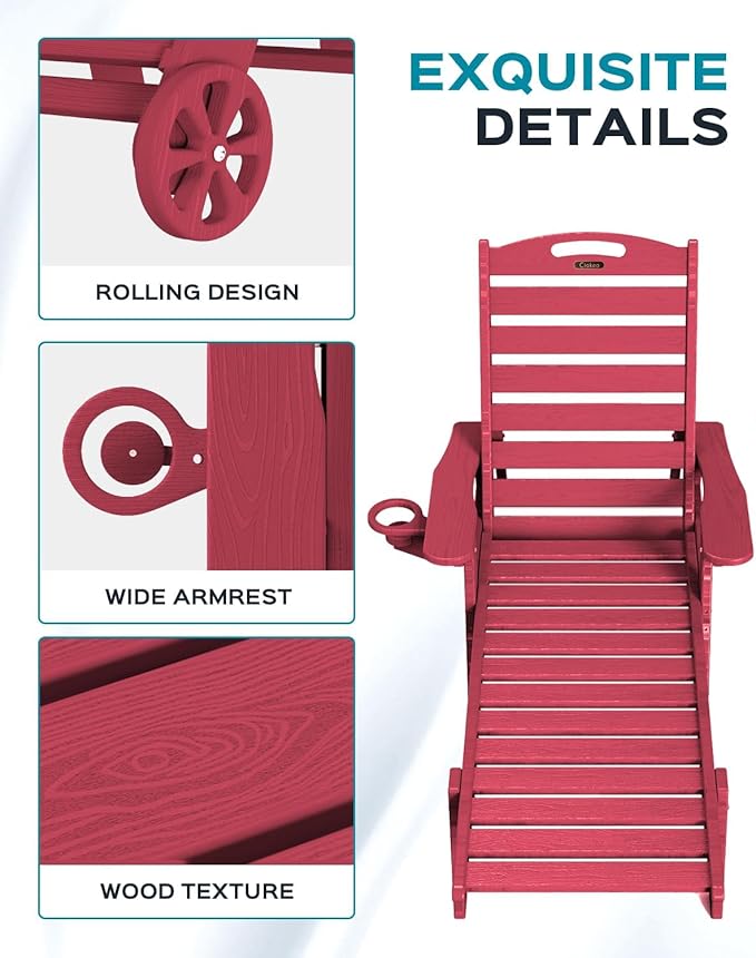 Ciokea Outdoor Chaise Lounge Chair Set of 2, Patio Lounge Chairs for Outside, HDPE Lounge Chair with Wheels & Cup Holder, Poly Chair with 5 Position for Poolside, Deck, Red