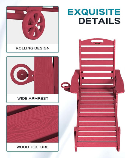 Ciokea Outdoor Chaise Lounge Chair Set of 2, Patio Lounge Chairs for Outside, HDPE Lounge Chair with Wheels & Cup Holder, Poly Chair with 5 Position for Poolside, Deck, Red