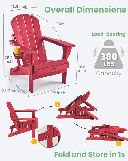 Ciokea Folding Adirondack Chair 4 Pack, Patio Adirondack Chair Weather Resistant, Plastic Fire Pit Chair with Cup Holder, Lawn Chair for Outdoor Porch Garden Backyard Deck (Red)