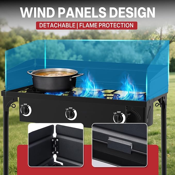 3 Burner Propane Camp Stove | 225,000 BTU | High Pressure Gas Burners | CSA Certified | Windscreen | Waterproof Cover | Detachable Legs | Ideal for Camping Tailgating Backyard Outdoor Cooking