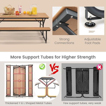 GIANTEX 6 FT Outdoor Picnic Table Bench Set for 6-8 People, 2400 LBS Capacity Patio Dining Table & 2 Benches with Metal Frame & HDPE, Balcony Conversation Set for Poolside Deck Garden (Brown)