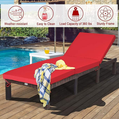 Tangkula Rattan Wicker Chaise Lounge Chair, Outdoor Patio Lounger Recliner Chair w/Adjustable Backrest, Heavy-Duty Reclining Chair Sunbed with Thick Zippered Cushion for Garden Yard Patio (1, Red)