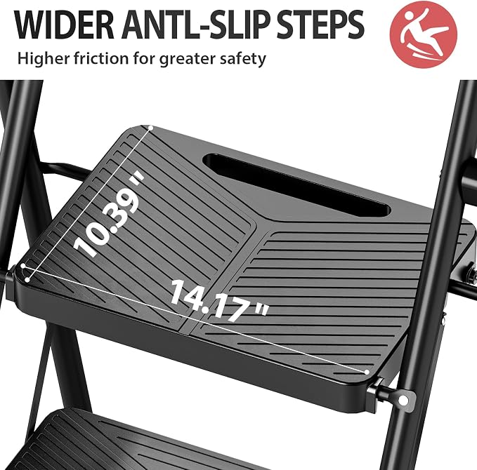KINGRACK 2 Step Ladder, Folding Step Stool with Anti-Slip Pedals | Heavy Sturdy Steel ladder with Handrail, Safe-Lock Design, Multi-Purpose, Home, Kitchen, Pass 500lbs Load Testing, Black
