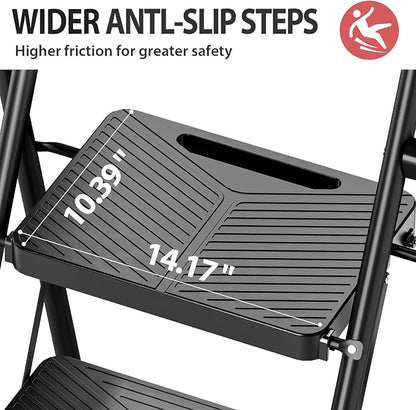 KINGRACK 2 Step Ladder, Folding Step Stool with Anti-Slip Pedals | Heavy Sturdy Steel ladder with Handrail, Safe-Lock Design, Multi-Purpose, Home, Kitchen, Pass 500lbs Load Testing, Black