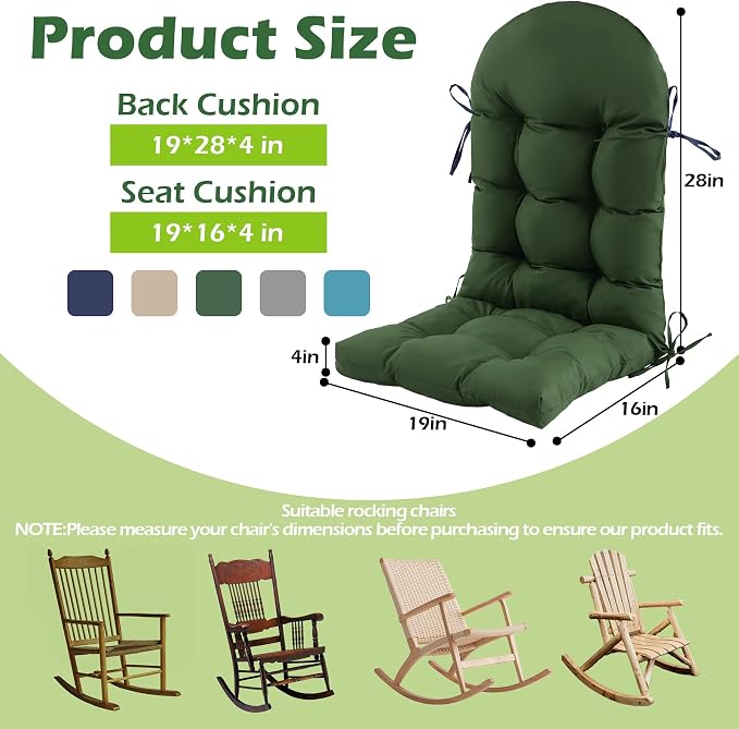Rocking Chair Cushions, Indoor/Outdoor Adirondack Chair Cushion, Waterproof and Fade-Resistant Rocking Chairs Pads, Non-Slip Tufted High Back Patio Chairs Cushion with Ties, 44x19x4 Inch, Forest Green