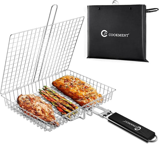 JY COOKMENT Grill Basket Stainless Steel with Portable Removable Handle, Grilling Basket-BBQ Accessories for Vegetable, Shrimp, Fish, Steak and Outdoor Use-Dishwasher Safe