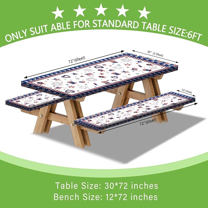 JAWO 4th of July Picnic Table Cover with Bench Covers Set of 3, Patriotic Red White Blue Star Heart American Flag Waterproof Foldable Fitted Picnic Tablecloth for Outdoor Patio BBQ Party, 30X60in