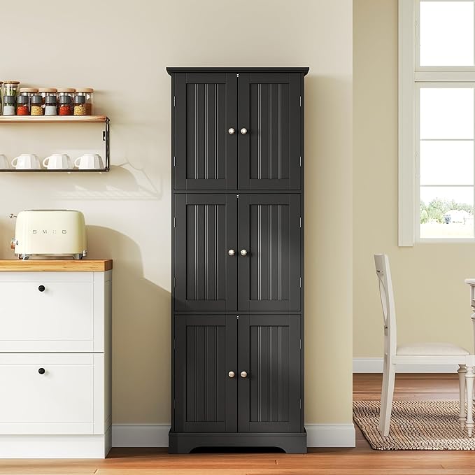 ChooChoo 63.2" Tall Bathroom Storage Cabinet with 6 Doors | Freestanding Floor Cabinet, Adjustable Shelves, Pantry Cabinet for Bathroom, Kitchen, Laundry Room, White