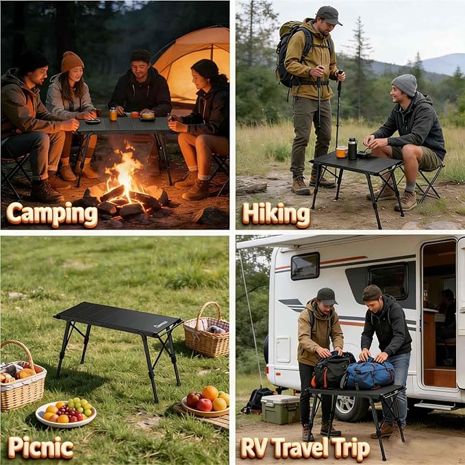 eSynic Portable IGT Camping Table-Adjustable Height 15-21.6 inch-Aluminum Stable Outdoor Table with Side Hanging Bars- 7* IGT Compatible (0.5 Unit)-Foldable Compact for Car Camping BBQ Picnic Family