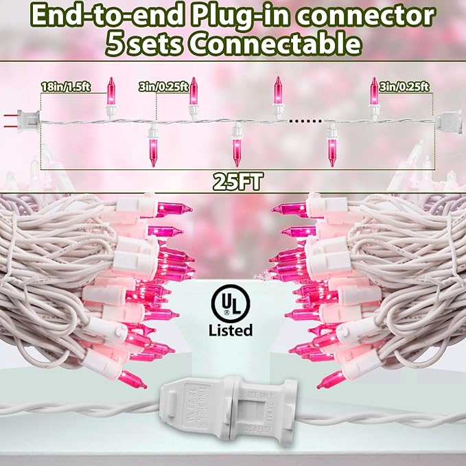 Pink Christmas Lights 25FT 100 Incandescent Bulbs, Pink Mini Lights with White Wire for Valentine's Day, Wedding, Garland, Thanksgiving, Party, Home, Indoor & Outdoor Festival Xmas Decoration