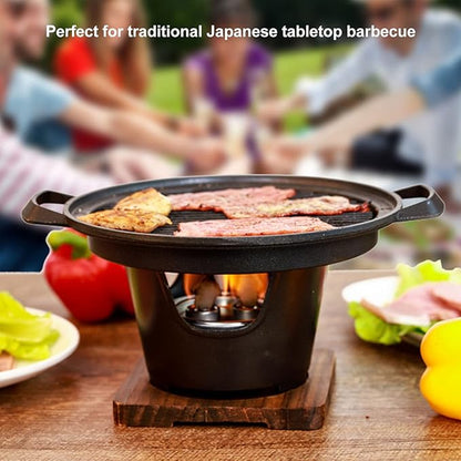 Charcoal Grill, Portable Charcoal Grill Japanese Hibachi Grill with Wooden Base, 8.46 X 6.89 X 5.31in Portable Grill Smokeless Cast Iron Hibachi Grill Grill for BBQ