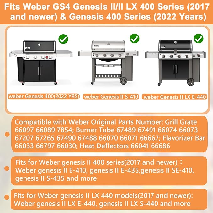 Genesis II GS4 Grill Parts for Weber 4 Burner Genesis 2 GS4 Genesis II/II LX 400 SER, Genesis 400 (2022 YRS) Replacement for Weber Flavorizer Bars 66033, Grates 66089,Heat Deflector 66041&Burner 67490