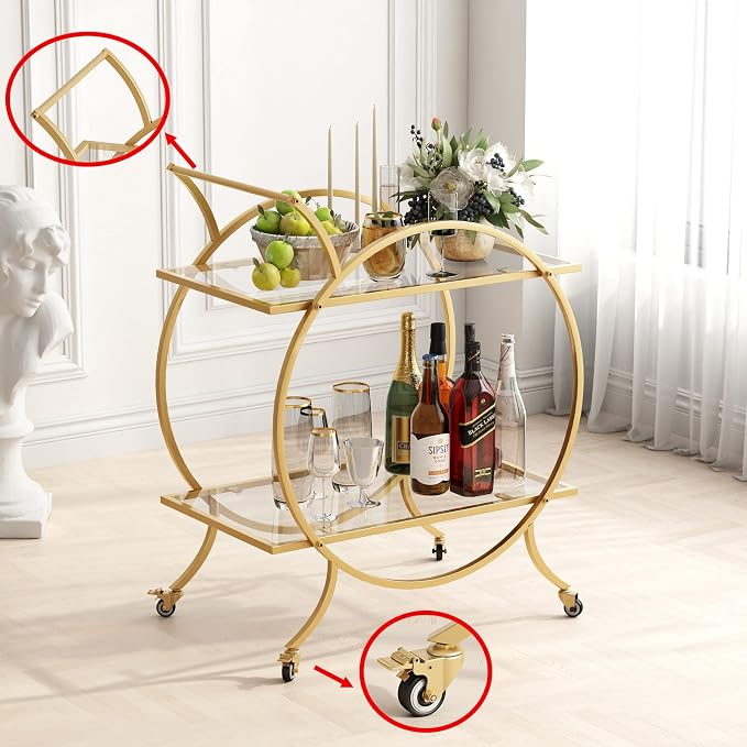 Gold Bar Carts for The Home Bar Serving Cart, Rolling Bar Cart Gold with Lockable Caster Wheels, Glass Bar Carts with 2 Mirrored Shelves, Storage Round Wine Carts for Kitchen, Party