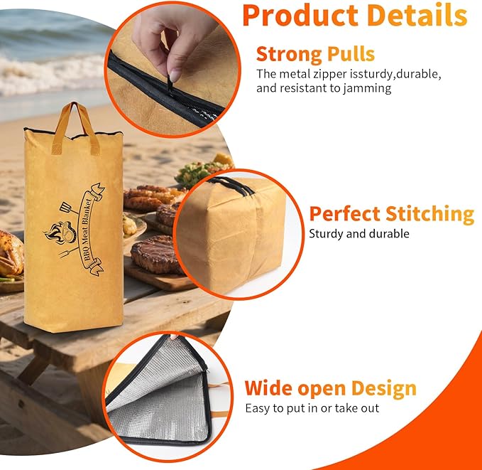 BBQ Blanket for Resting Meat: Insulated Smoker Blanket & Brisket Rest Bag, Reusable Meat Warmer for BBQ Compatible with Traeger & Pit Boss Smokers BBQ Gift for Dad Grillers (Tan)