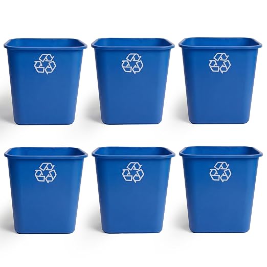 United Solutions 7.7 Gallon Recycling Wastebasket, 6 Pack, Blue, Under Desk | Slim 30.8-quart recycling bins fit small spaces in offices, kitchens, dorms, and homes with an easy-to-clean design