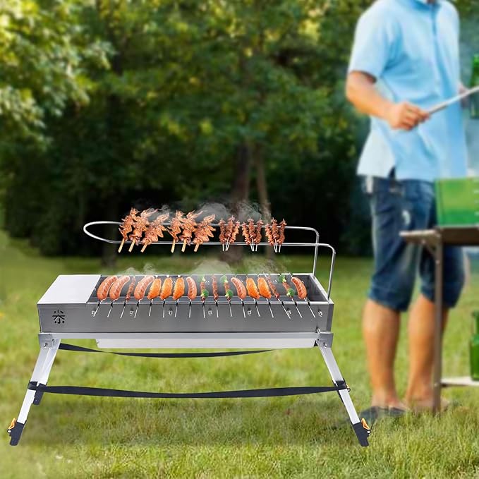 Portable Charcoal Grill with Rotating Skewers, Foldable Stainless Steel BBQ Grill for Camping Picnic Outdoor Cooking, Compact Tabletop Smoker with USB Power