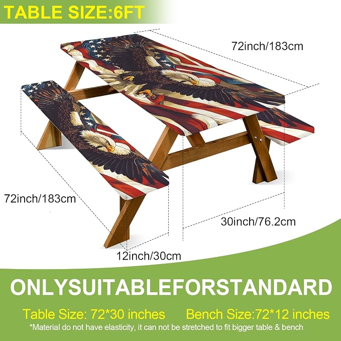 ANNA QUEEN Patriotic American Eagle 6FT Picnic Table Cover with Bench Covers Set of 3 with Drawstring Bag, USA Flag Eagle 72"x30" Waterproof Picnic Tablecloth & Bench Covers for Outdoor BBQ