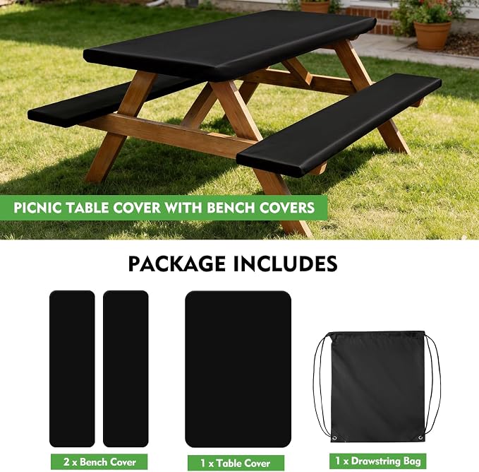 Picnic Table Cover with Bench Covers, Waterproof Tablecloth Set, Black | Fitted 6ft Tables, for Outdoor Camping, RV, Includes 1 Table Cover(30"x72"), 2 Bench Covers(72"x12"), Drawstring Storage Bag