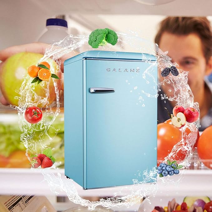 Galanz GLR33MBER10 Retro Compact Refrigerator, Single Door Fridge, Adjustable Mechanical Thermostat with Chiller, Blue, 3.3 Cu Ft