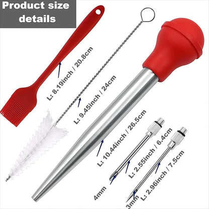 Turkey Baster, 18/8 Stainless Steel Turkey Baster Syringe for Cooking, Meat Injector Baster Set with 2 Needles & 2 Cleaning Basting Brush, Baster for Flavor Meat Poultry, Beef&Chicken Red