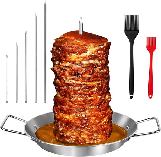 Al Pastor Skewer for Grill, Large 13 Inch Gyro Pan with Fat Separator | Brazilian Spit Stand with 5 Spikes & 2 Brushes, Stainless Steel Vertical Sticks for Shawarma, Chicken on Smoker Oven