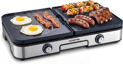 Gourmia 3-in-1 Indoor Grill & Griddle Electric Combo – Dual Independent Cooking Zones, Reversible Nonstick Ceramic Plates, XL Cooking Surface, 250–400°F Adjustable Temp, Dishwasher Safe