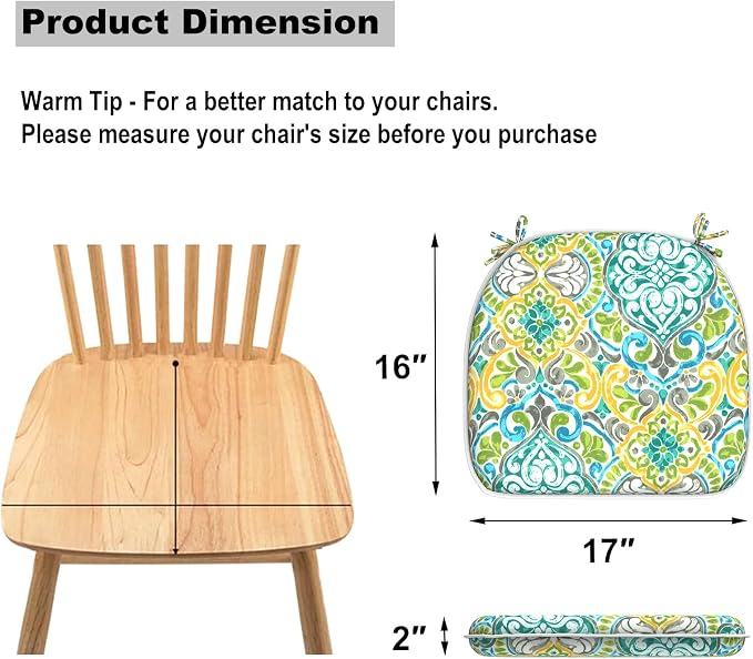 DYTXIII Set of 4 Outdoor Chair Cushions with Ties,Water Repellent Patio Chair Pads 17"x 16" for Outdoor Furniture,Round Corner Seat Cushions for Garden Yard Kitchen Damask Green