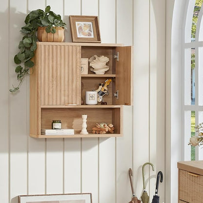 LEYAOYAO Fluted Bathroom Wall Cabinet, Wall-Mounted Medicine Cabinet with Adjustable Shelf & Doors, Farmhouse Floating Over the Toilet Storage Cabinets for Laundry Room, Kitchen, Living Room (Natural)