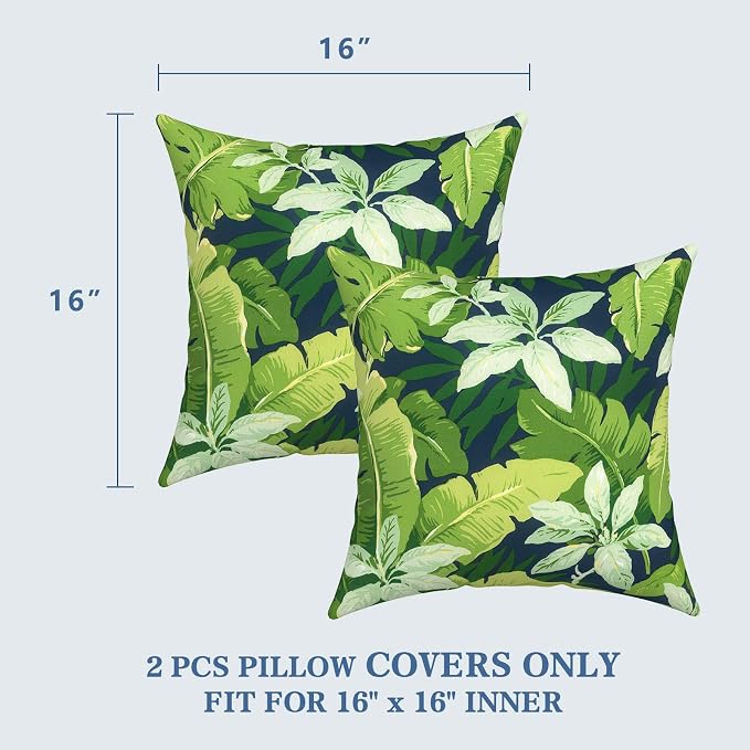 LVTXIII 2 Pack Outdoor Throw Pillow Covers for Patio Furniture, 16x16 Inch Square Pillow Case, Water-Repellent Cushion Covers for Garden, Porch, Sofa, Jungle Leaves